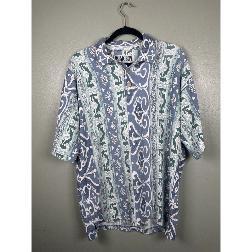 Vintage 90s Bugle Boy Polo Abstract Print Geometric Pattern Size Large Blue Camp